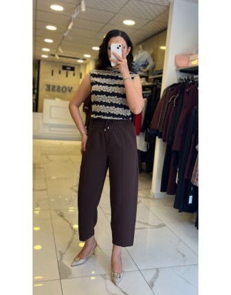 Yusuf Özdemir Kahverengi Beli Lastikli Dikiş Detaylı Pantolon