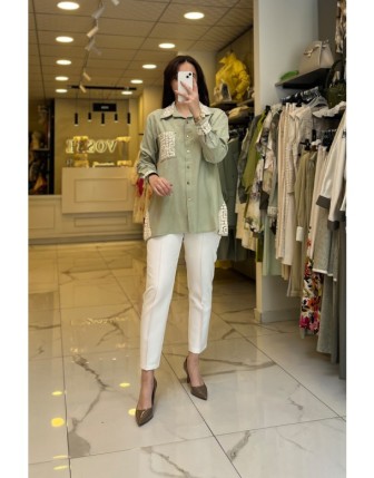 Sedna Mint Örgü Detaylı Keten Gömlek