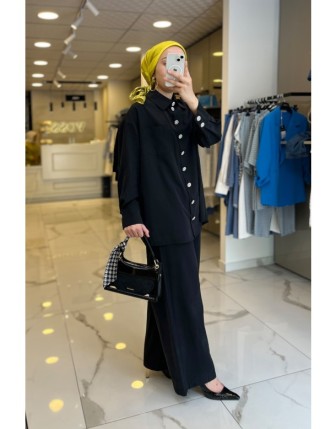 Maq Siyah Gümüş Düğme Detaylı Cepli İpek Cupra Takım