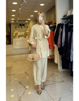 Mascara Bej Kuşaklı,Aksesuarlı Takım