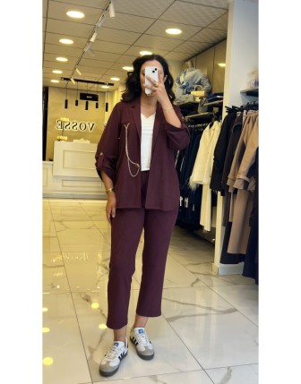 İndigo Bordo Aksesuar Detaylı Kadife Takım