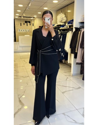 Moda İlgi Siyah Kolları Piliselki Kuşaklı Takım