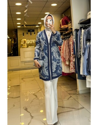 On Fashıon İndigo Desenli Fermuarlı Ribanalı Hırka