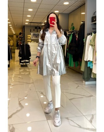 Mascara Gri Kapüşon Detaylı Cepli Fermuarlı Paraşüt Kumaş Yağmurluk