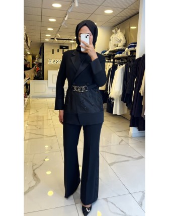 Moda İlgi Siyah Organze Detaylı Kemer Detaylı Takım