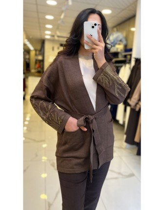 On Fashıon Kahverengi Kolları İşlemeli Hırka