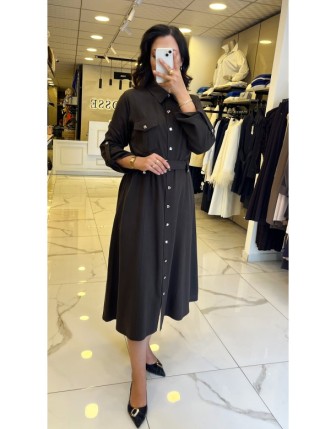 Moda İlgi Kahverengi Beli Kuşaklı Apoletli Elbise