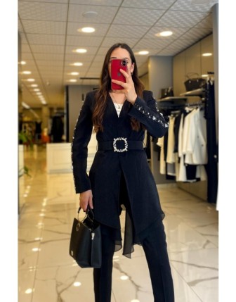 Miaruj Siyah Kolları Taş İşlemeli Kemeri Taşlı Abiye Ceket