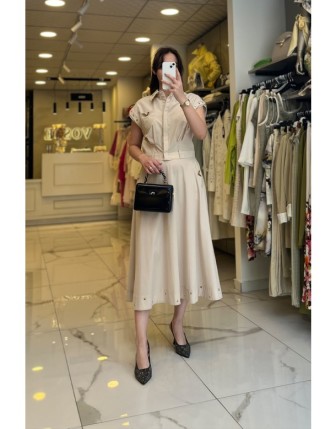 On Fashıon Bej Aksesuar Detaylı Paraşüt Etekli Takım 