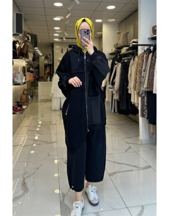 Tığ Triko Siyah Kapüşonlu Asimetrik Ceket 