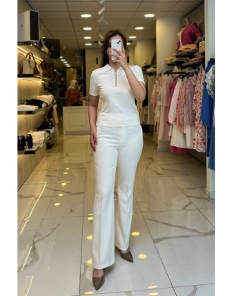 On Fashıon Ekru Yakası Taşlı Fermuarlı Bluz