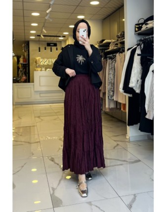 Vosse Bordo Tam Boy Kırıştırma Etek