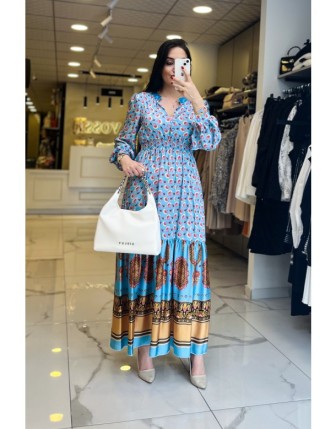 Vosse Mavi Desenli Saten Elbise 