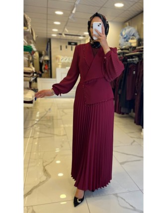 Moda İlgi Bordo Boncuk Detaylı Piliseli Elbise