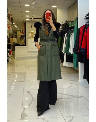 Trenç Haki Kemer Detaylı Kapüşonlu Yelek