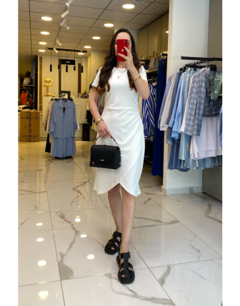 On Fashıon Ekru Drape Detaylı Bisiklet Yaka Elbise