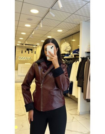 İndigo Bordo Kürk Yakalı Rugan Mont