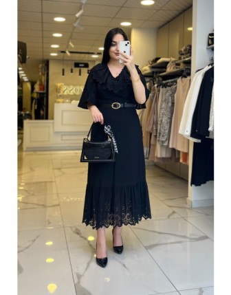 Sİ Design Siyah Kemer Detaylı Kısa Kollu Küpürlü Elbise