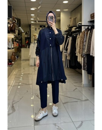 Tığ Triko Lacivert Fermuar Detaylı Çıtçıtlı Ceket 