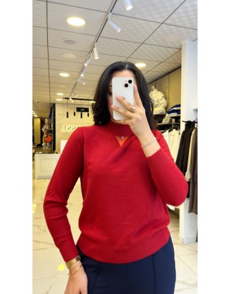 On Fashıon Kırmızı Pul Detaylı Triko Kazak
