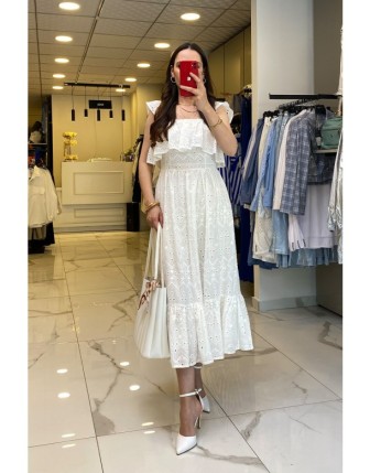 Mi Ekru Fırfırlı Fisto Desenli Elbise