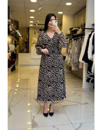Ekol Siyah Zebra Desenli Şifon Elbise