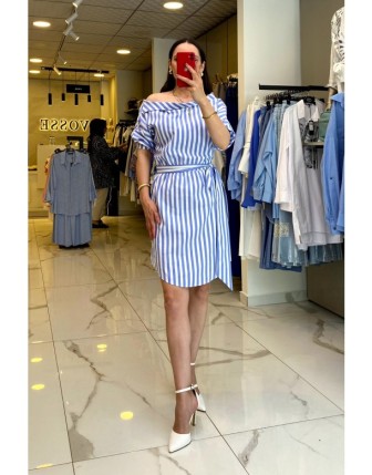 Mi Mavi Çizgili Kayık Yaka Düğme Detaylı Kuşaklı Elbise