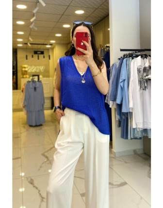 On Fashıon Saks Fileli V Yaka Yanları Fermuarlı Süveter