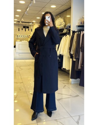 Ekol Lacivert Beli Kuşaklı Kruvaze Yaka Kaban