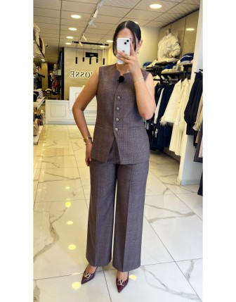 Ekol Bordo Ekose Desenli Yelekli Takım