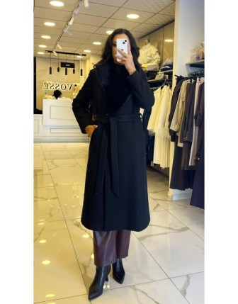 Doop Siyah Yakası Kürklü Uzun Kaban