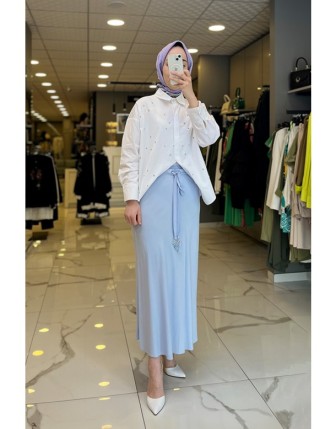 Hukka Mavi Beli Lastikli Kuşaklı Balık Etek