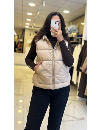 Ekol Bej Kapüşonlu Fermuarlı Kısa Şişme Yelek