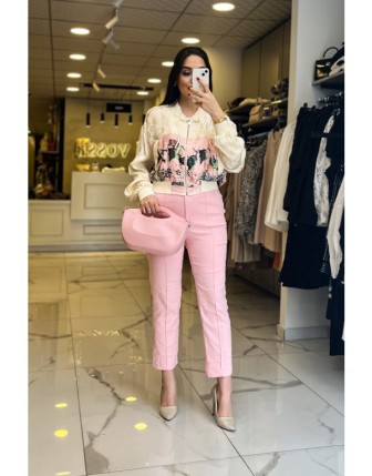 On Fahıon Pembe Desenli Saten Ceket 