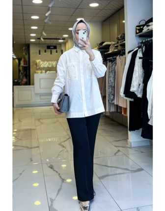 Sİ Design Beyaz Cep Detayı Boncuk İşlemeli Gömlek