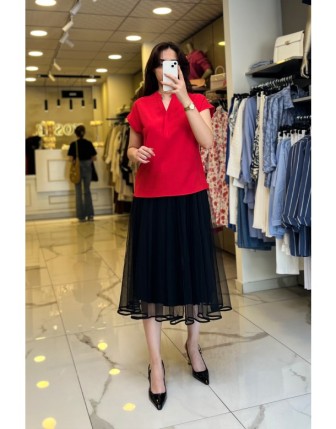 Ekol Kırmızı Hakim Yaka Kısa Kollu Bluz