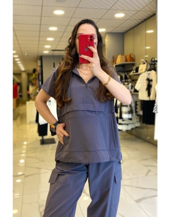 On Fashıon Gri Kapüşonlu Fermuarlı Cep Detaylı Eşofman Üstü