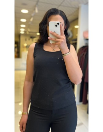 İndigo Siyah Kare Yaka Taşlı Atlet