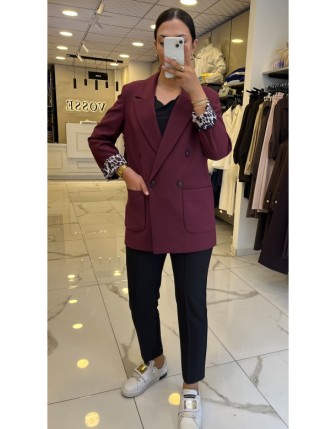 Moda İlgi Bordo Kruvaze Yaka Leopar Detaylı Blazer Ceket