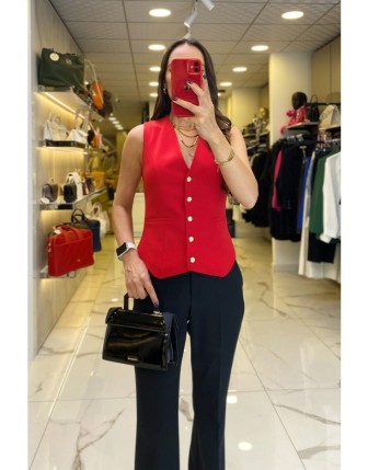 Ekol Kırmızı Gold Düğme Ve Cep Detaylı Yelek