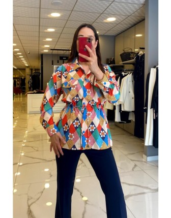 On Fashıon Kum Desenli Çıtçıtlı Cep Detaylı Beli Büzgülü Ceket 