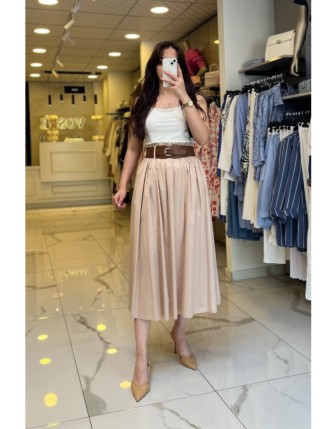 Ekol Kum Beli Lastikli Kemerli Midi Boy Etek