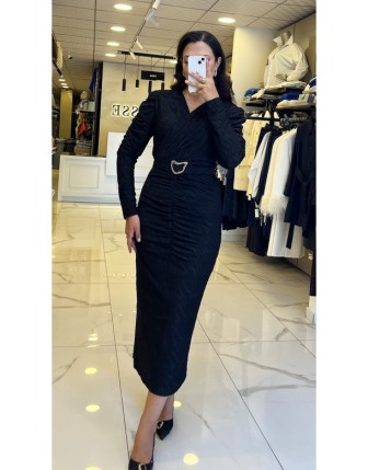 Moda İlgi Siyah Büzgü Detaylı Beli Kemerli Kalem Elbise 