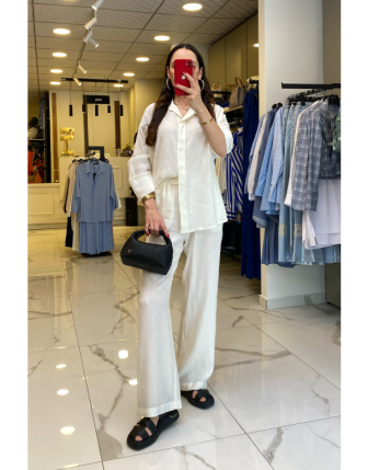 On Fashıon Ekru Jakarlı Beli Lastikli Takım