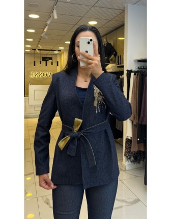 Miarte İndigo Aksesuar Detaylı,Astarlı Denim Takım 