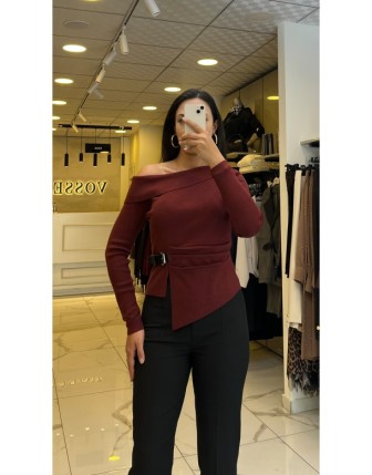 On Fashıon Bordo Kayık Yaka Süs Kemerli Triko Kazak