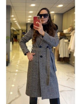 Ekol Siyah Kürk Detaylı Kemer Ve Cep Detaylı Kaşe Kaban