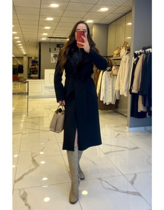 Ekol Siyah Kuşaklı Kürk Detaylı Kaşe Kaban