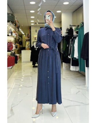 Tığ Triko İndigo Düğmeli Seyyar Kuşaklı Fermuar Detaylı Cepli Elbise