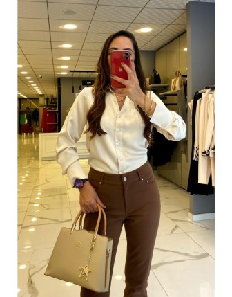 Ekol Bej  Saten Uzun Kollu Düğmeli Gömlek 